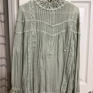 POL Sage Green Crochet-Trim Boho Blouse